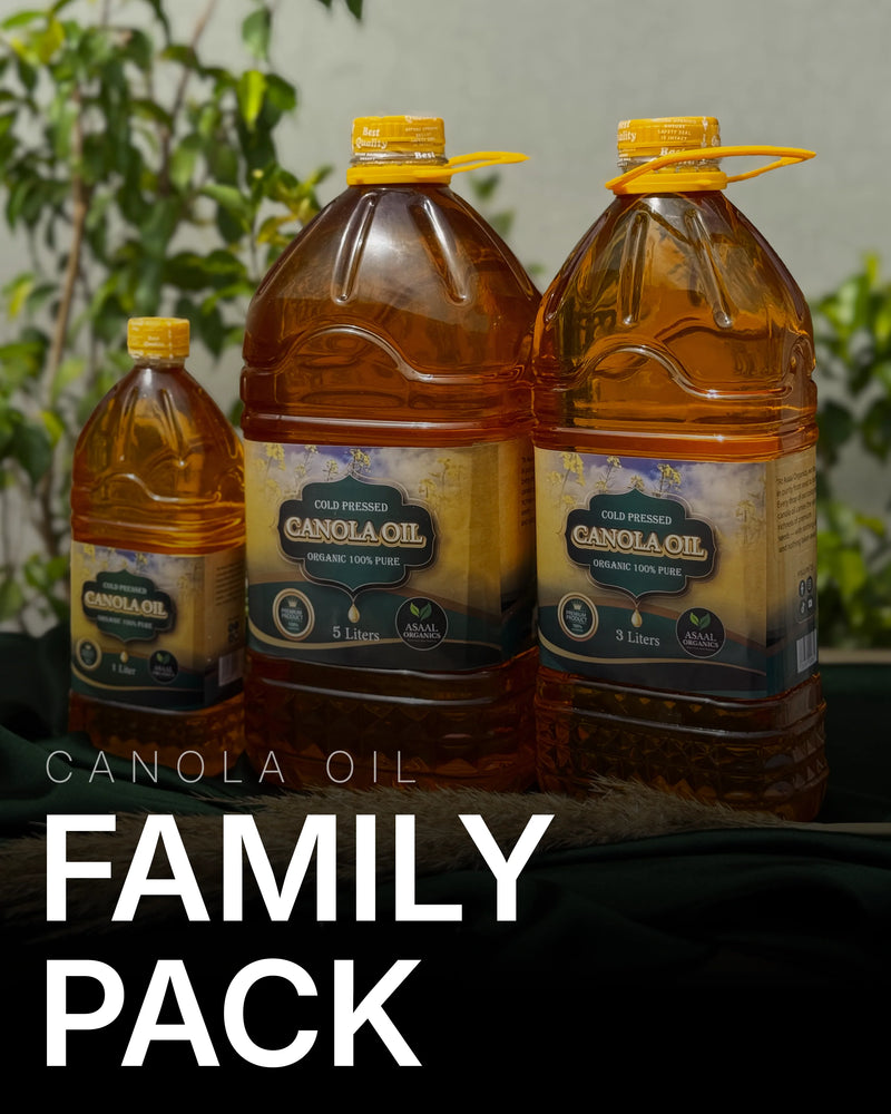 Family pack of Asaal Organics cold pressed canola oil bottles – organic and cholesterol-friendly cooking oil